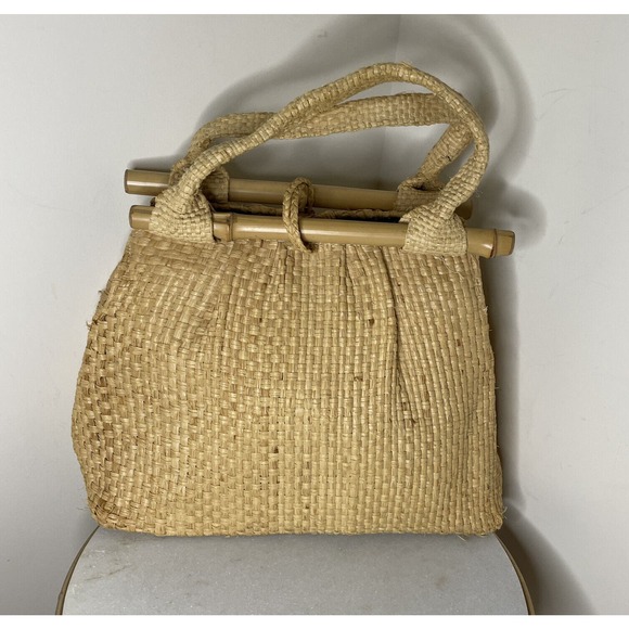 VTG Boho Mid-century Natural Straw Raffia Bag Tote Bamboo Accent Summer Beach - Picture 3 of 16